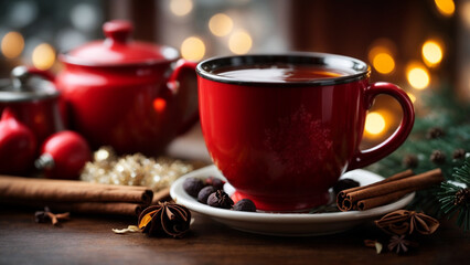 Obraz na płótnie Canvas Winter Warmth: Black Tea with Cinnamon in a Red Mug Amidst Winter Decor