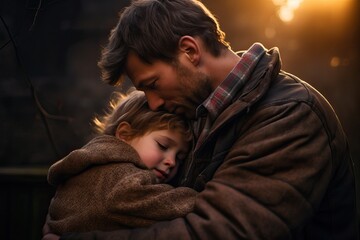 Fototapeta premium father hug his young kid. Family protection concept