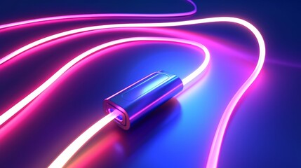 3D charger cable ad template. Charger cable with both type C adapter circle along the curving neon light trail. Concept of fast charging speed