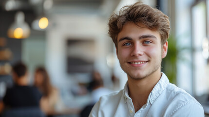 Fototapeta premium young handsome man with blue eyes on the background of a modern IT office, worker, programmer, professional, designer, guy, boy, portrait, smile, space for text, coworking, open space, people, person