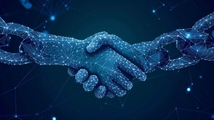 Blockchain technology agreement handshake business concept low poly. Polygonal point line geometric design. Hands chain link internet hyperlink connection blue vector illustration