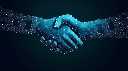 Blockchain technology agreement handshake business concept low poly. Polygonal point line geometric design. Hands chain link internet hyperlink connection blue vector illustration - obrazy, fototapety, plakaty
