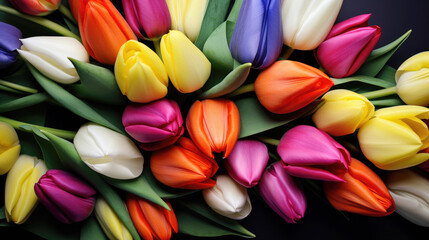 Beautiful floral background. Top view of many tulips in pink, white, yellow, lilac, mothers day flowers