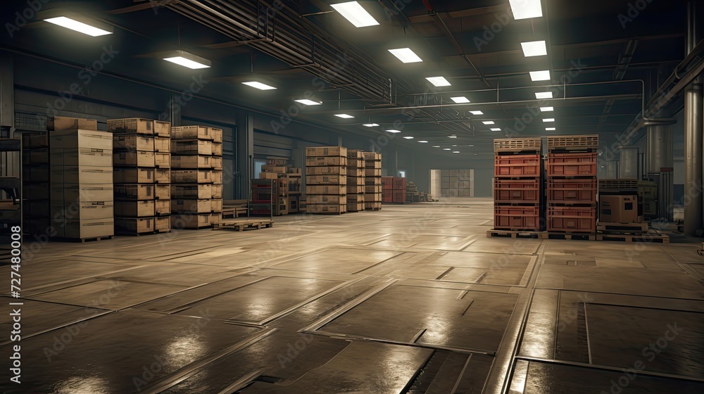 Poster a large neat hall with a few pallets containing large