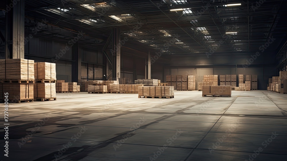 Poster a large neat hall with a few pallets containing large