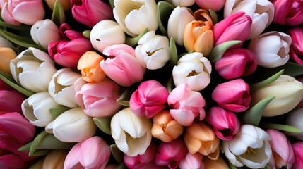 Beautiful floral background. Top view of many tulips in pink, white, yellow, mothers day flowers