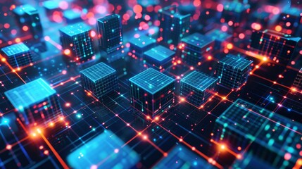 Blockchain technology. Information blocks form a decentralized global database structure. 3D illustration of nanotech cubes in cyberspace - obrazy, fototapety, plakaty