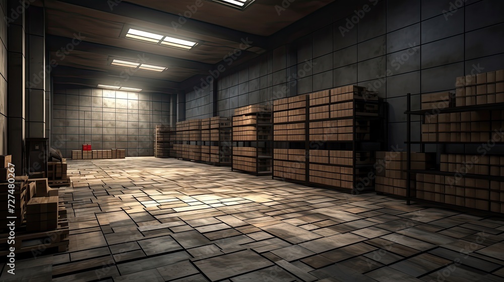 Poster a large neat hall with a few pallets containing large