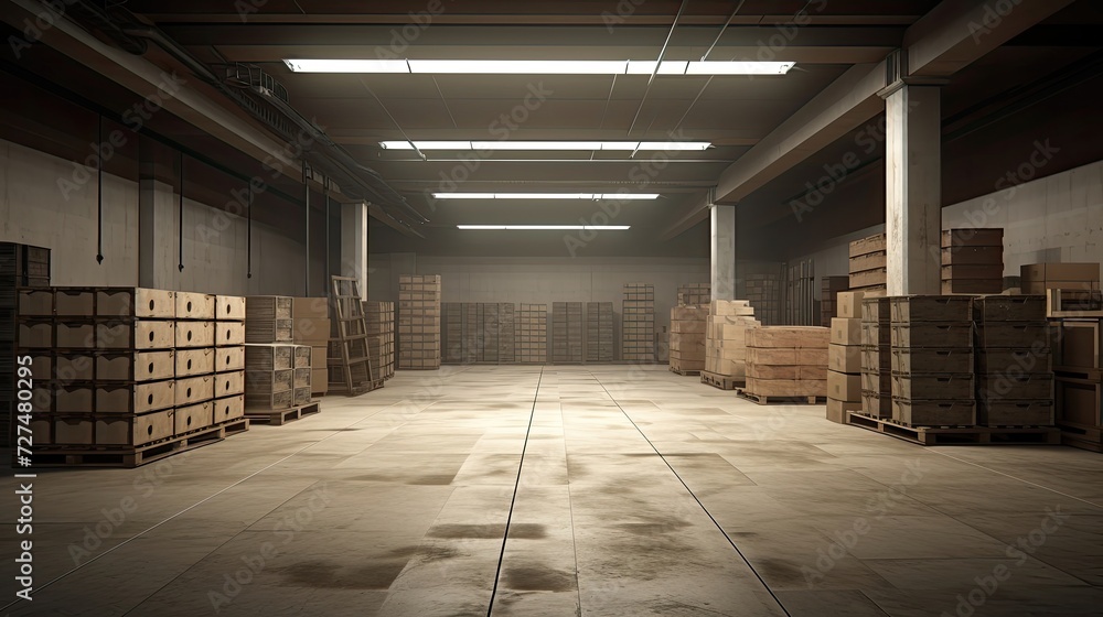 Poster a large neat hall with a few pallets containing large