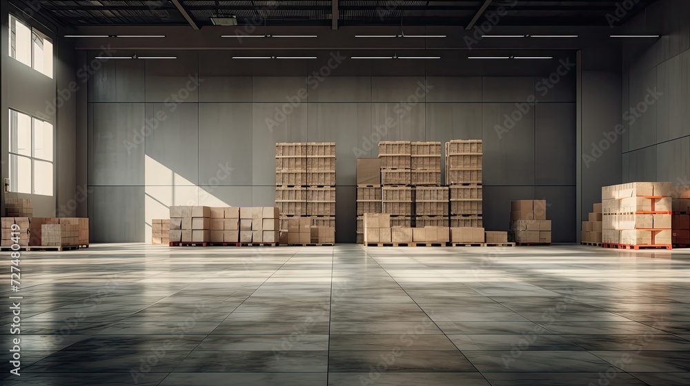 Poster a large neat hall with a few pallets containing large