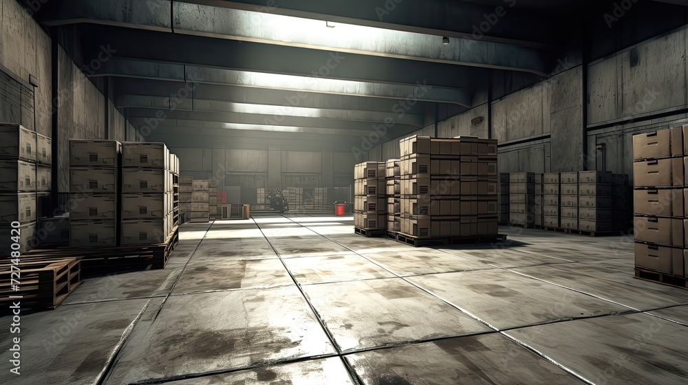 Poster a large neat hall with a few pallets containing large