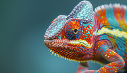 a panther chameleon in extreme close-up, highlighting its remarkably vivid, multicolored scales and its distinctive, swiveling eye
