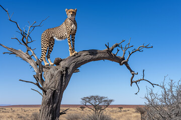 A solitary cheetah stands majestically atop the curved branch of a dead tree, surveying the vast African savanna under a clear blue sky
