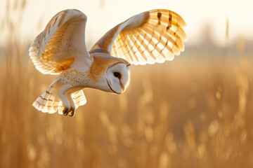 soft golden light of dusk, a barn owl flies gracefully with its wings spread wide - obrazy, fototapety, plakaty