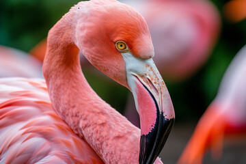 A close-up portrait of a pink flamingo with a detailed view of its textured feathers, curved beak, and focused eye, set against a soft, bokeh background