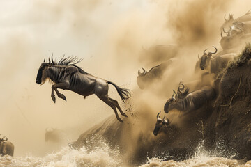  A dramatic scene of the great wildebeest migration, with a lone animal leaping across a turbulent river while the rest of the herd follows through a cloud of dust and splashing water