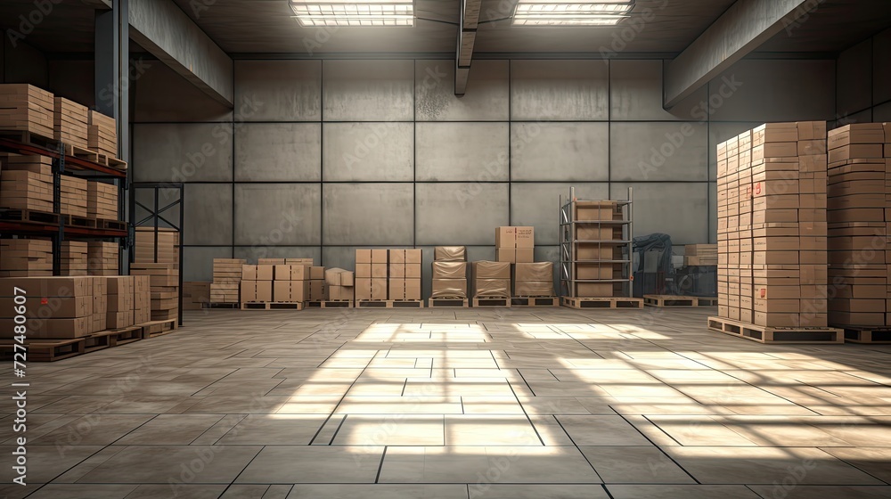 Poster a large neat hall with a few pallets containing large