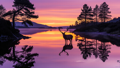 A solitary deer stands at the edge of a tranquil lake, mirrored perfectly in the water under a breathtaking sunset sky with vibrant purple and orange hues
