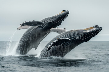 Two humpback whales are captured in a synchronized breach, showcasing their massive size and power against the backdrop of a calm ocean - Powered by Adobe