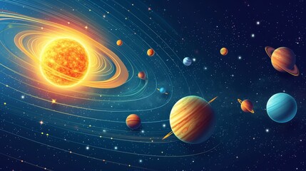 Colorful solar system with nine planets which orbit sun. Galaxy discovery and exploration. Realistic planetary system with satellites in deep space vector illustration. Astronomy science banner - obrazy, fototapety, plakaty