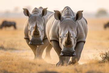 Two rhinoceroses walk towards the camera against a backdrop of the golden light of sunset on the African savanna