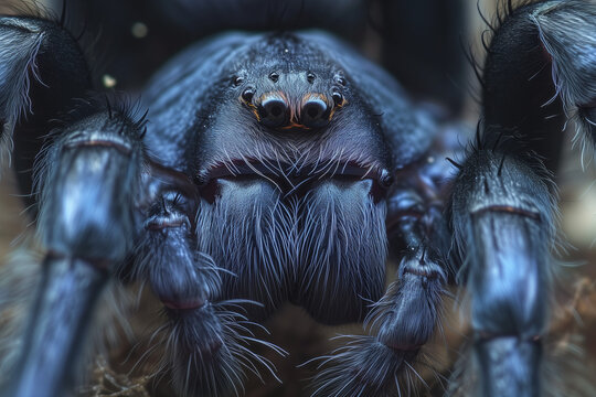 A close-up macro photograph reveals the intricate details and intense gaze of a hairy spider, accentuating its many eyes and fangs in vivid detail