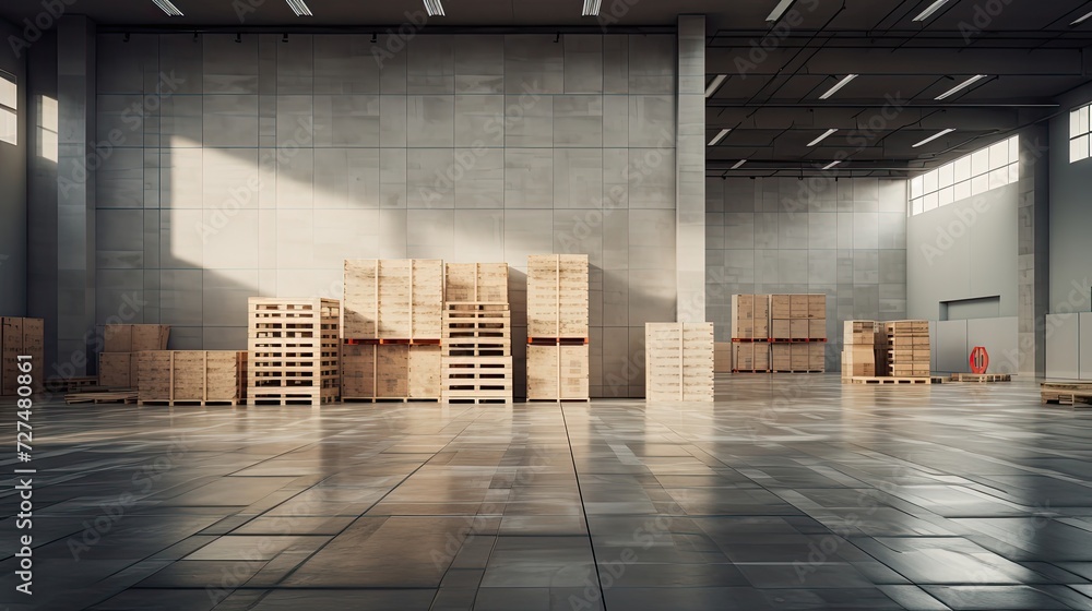 Poster a large neat hall with a few pallets containing large