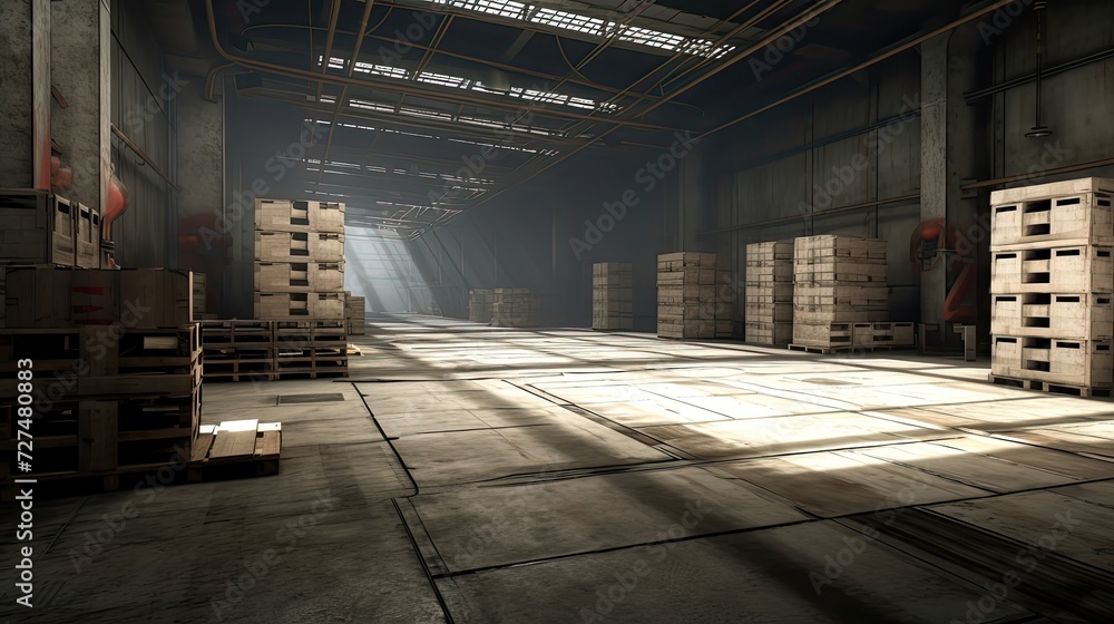 Poster a large neat hall with a few pallets containing large
