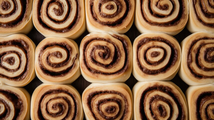 Creative background. Cinnamon buns, ready to go to the oven. Rolls with cinnamon, butter and sugar