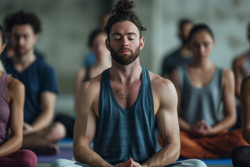 A man sits in a lotus position with his eyes closed - obrazy, fototapety, plakaty