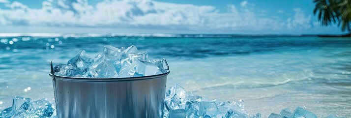 ice in a metal bucket at the beach