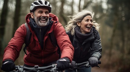 Fototapeta premium Happy couple riding bicycles in nature