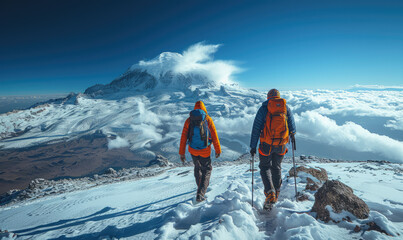 Naklejka na ściany i meble Adventurous Couple Conquering Mount Kilimanjaro: A Journey of Love and Triumph