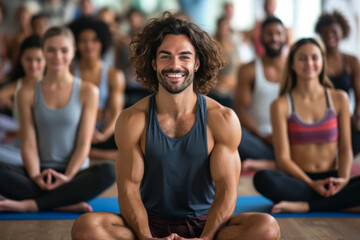 A man sits in front of a group of people doing yoga