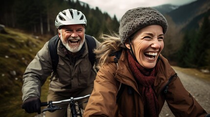 Happy couple riding bicycles in nature