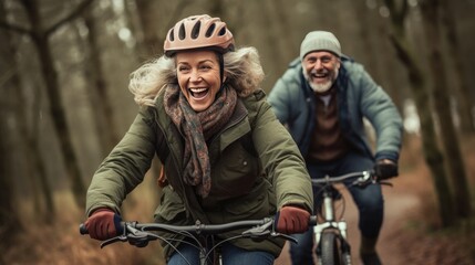 Fototapeta premium Happy couple riding bicycles in nature