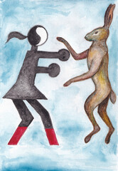 Watercolor sketch of a boxing match between a hare and an abstract woman. The silhouette of the sign of a woman and a gray hare. A metaphorical card for associative work with a psychologist.