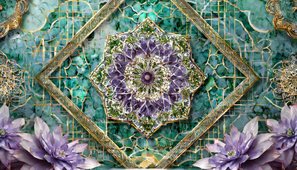 3D wallpaper adorned with a mandala and decorative frame on a green and purple marble background.