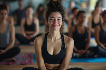 Fototapeta na wymiar A woman is smiling in front of a group of people sitting on yoga mats