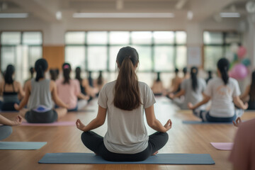 A woman sits in a lotus position in a yoga class - obrazy, fototapety, plakaty