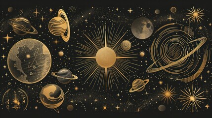 Golden celestial planets, solar system, galaxy and stars. Hand drawn mystical vector illustration isolated on black background for poster, card, t-shirt design