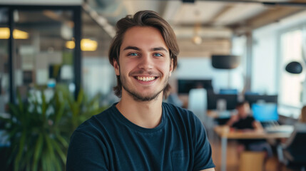 Fototapeta na wymiar young handsome man with blue eyes on the background of a modern IT office, worker, programmer, professional, designer, guy, boy, portrait, smile, space for text, coworking, open space, people, person