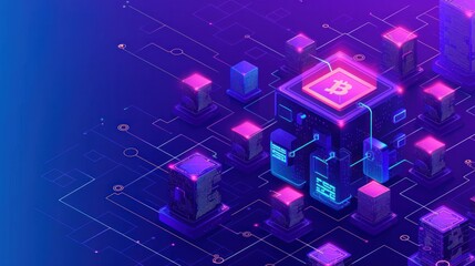 Isometric blockchain technology concept. Network, e-commerce, bitcoin trading, global cryptocurrency blockchain data transfer illustration on ultraviolet background. Vector 3d isometric illustration