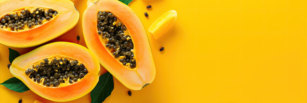 cut papaya on a yellow background with copy space 