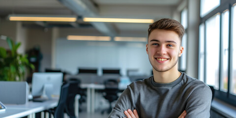 young handsome man with blue eyes on the background of a modern IT office, worker, programmer, professional, designer, guy, boy, portrait, smile, space for text, coworking, open space, people, person