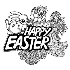 Easter bunny with basket, eggs, flowers and butterfly. Decorative design composition for poster print, greeting card, kids party invitation. Hand drawn illustration. Vintage cartoon style drawing.