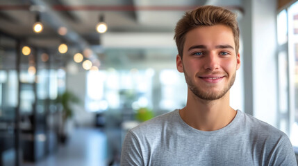 Fototapeta premium young handsome man with blue eyes on the background of a modern IT office, worker, programmer, professional, designer, guy, boy, portrait, smile, space for text, coworking, open space, people, person