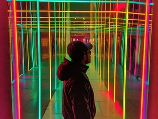 Fototapeta na wymiar A multicolored neon light tunnel stretches into the distance, reflecting off the floor beneath it.