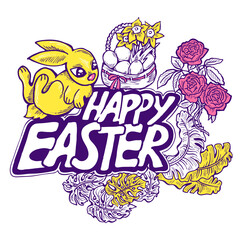 Easter bunny with basket, eggs, flowers and butterfly. Decorative design composition for poster print, greeting card, kids party invitation. Hand drawn illustration. Vintage cartoon style drawing.