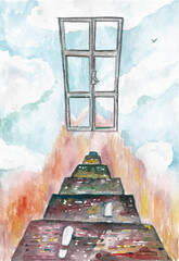 Watercolor sketch in abstract style. Landscape with window frame and staircase in blue sky. A metaphorical card for associative work with a psychologist
